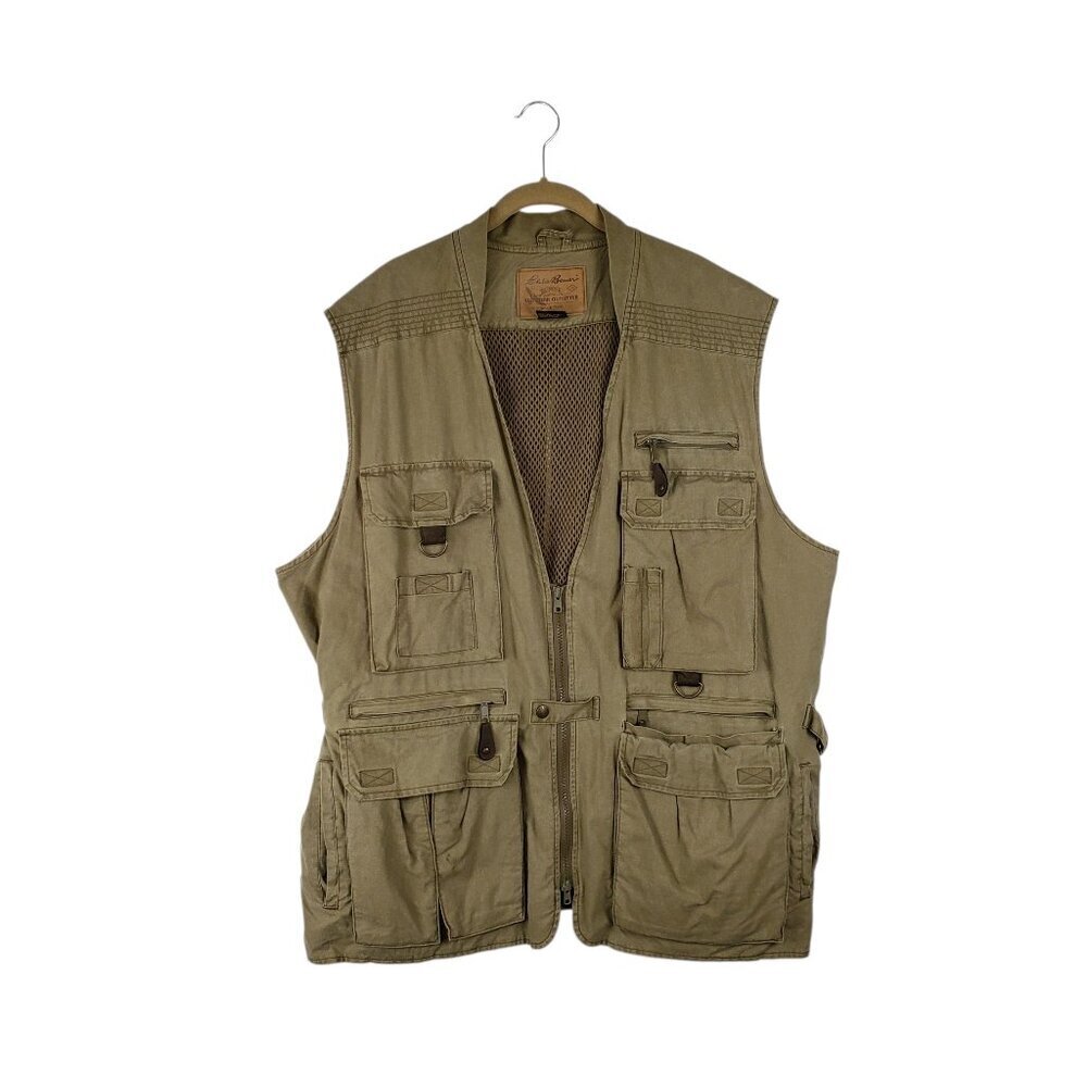 Eddie Bauer Utility Vest Cargo Heavyweight Cotton Olive Safari Photographer XL